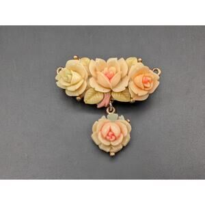 Vintage Celluloid Pink Rose Brooch Pin 1940s Carved Molded Plastic Floral Dangle
